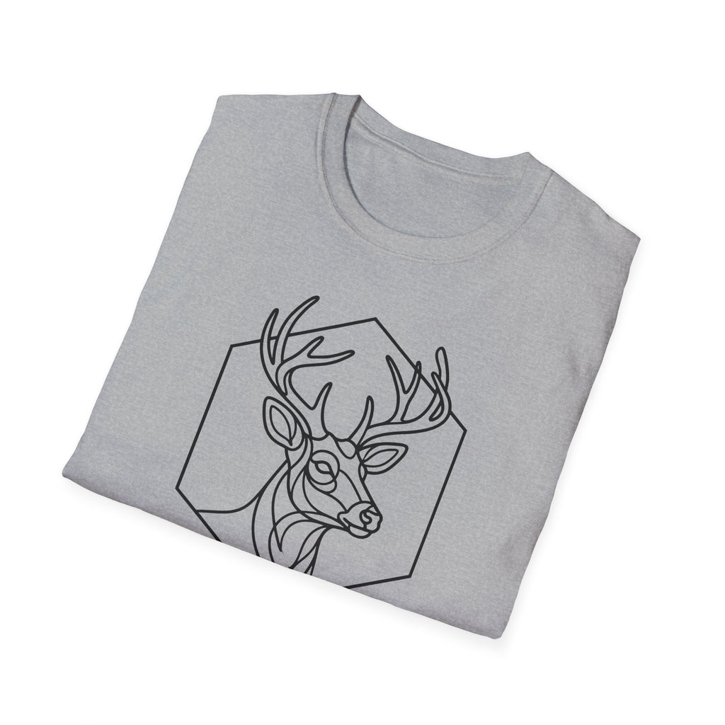 Sport grey deer t-shirt with black outlined stag head inside hexagon graphic