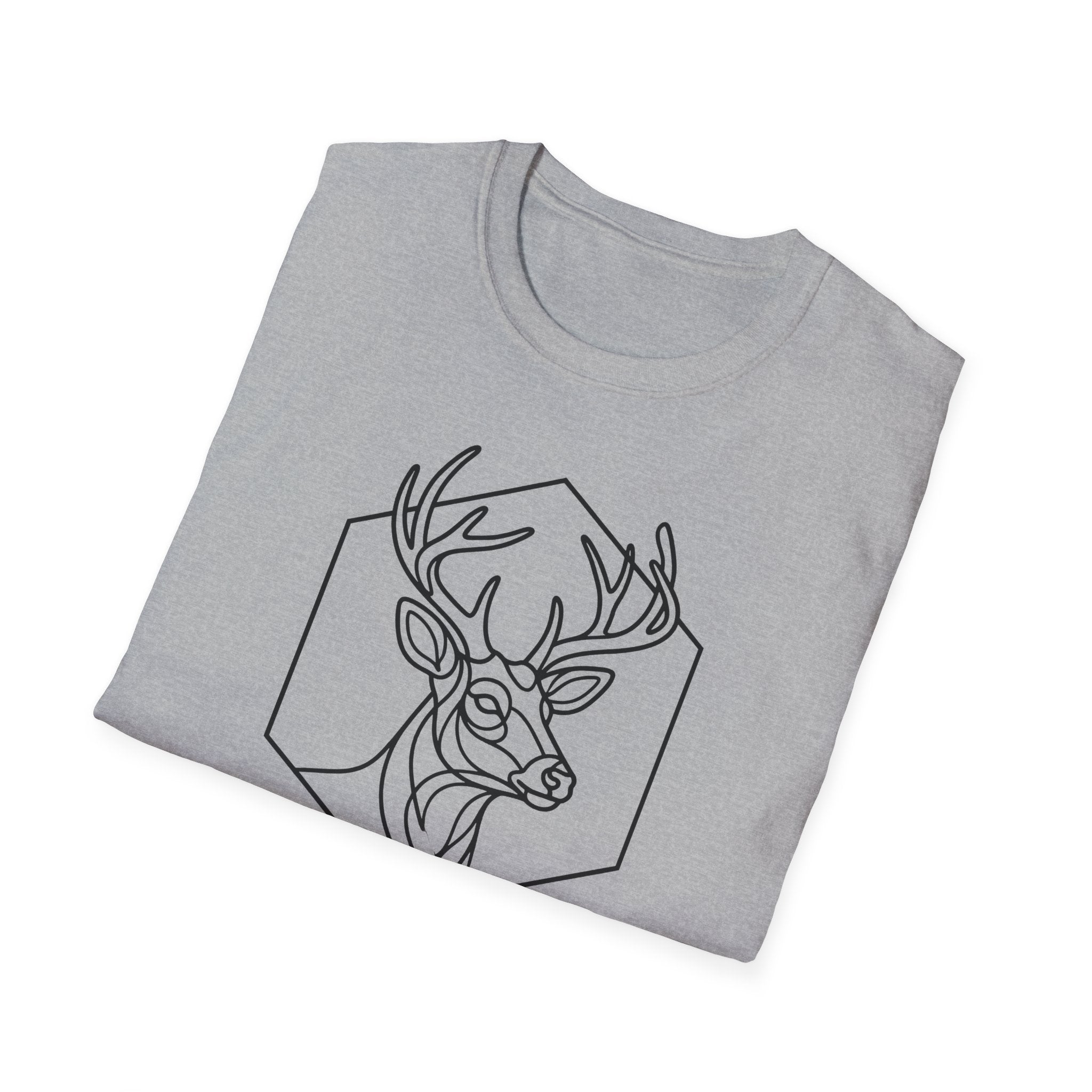 Sport grey deer t-shirt with black outlined stag head inside hexagon graphic