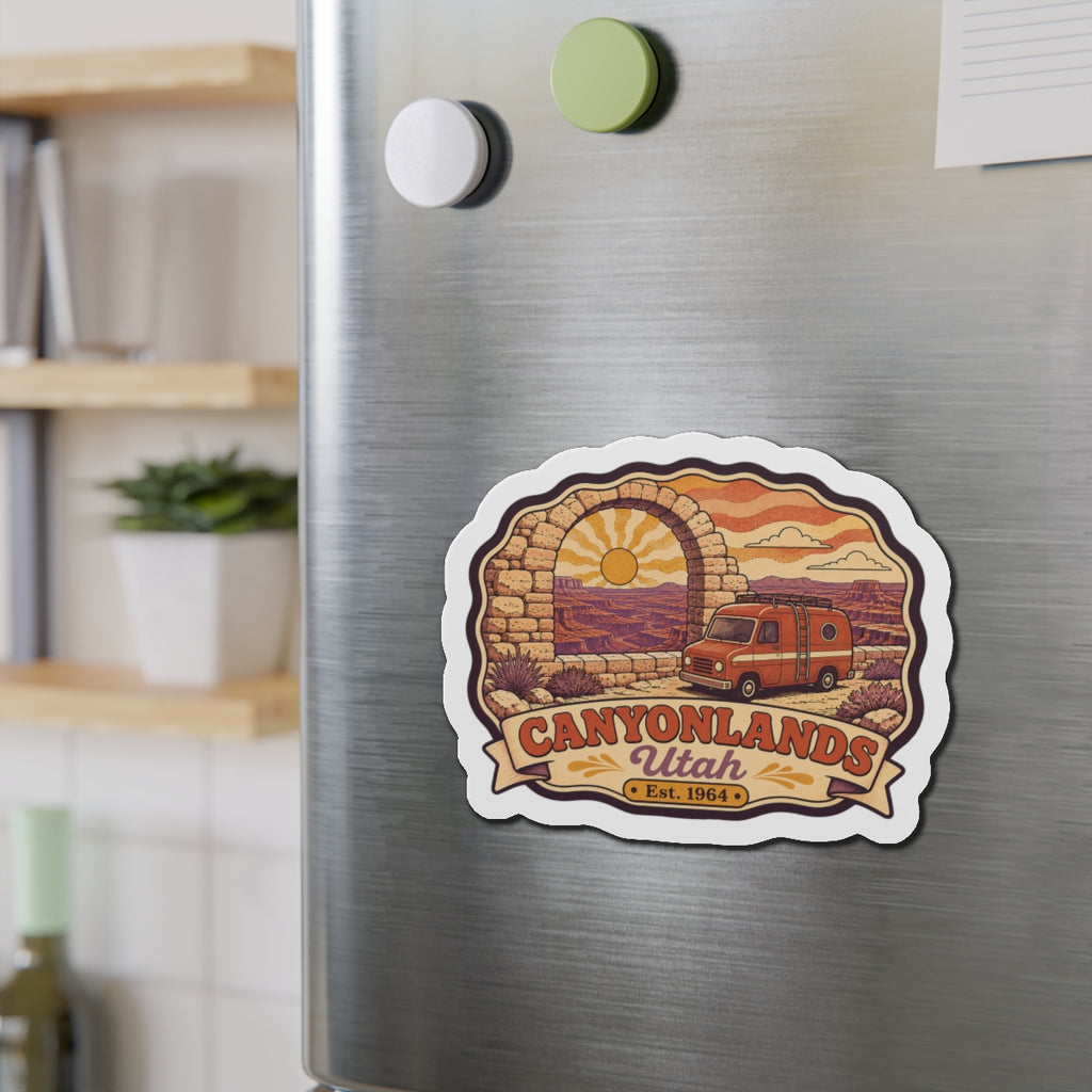 Die-cut Canyonlands Utah fridge magnet with text Canyonlands and Est. 1964, orange van