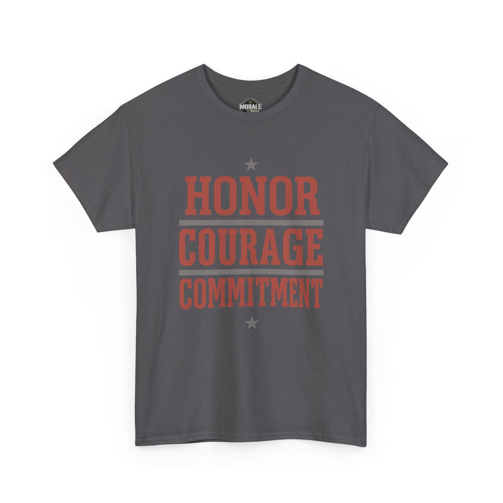 Charcoal T-shirt with front graphic text "HONOR COURAGE COMMITMENT"