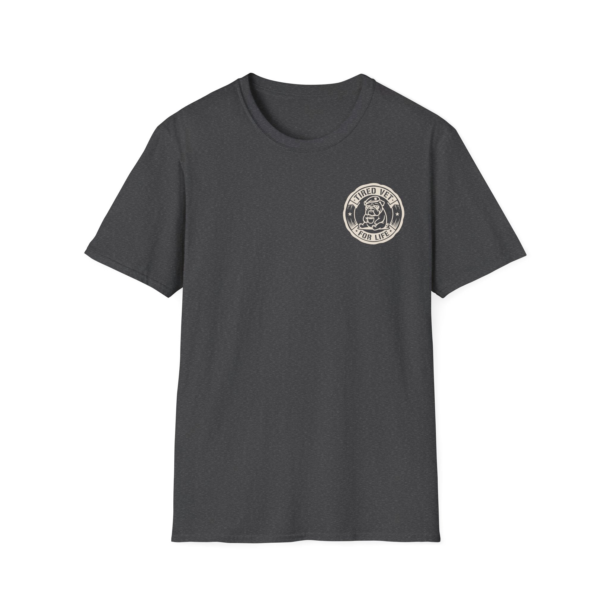 Graphic t-shirt in dark gray with small circular chest logo print