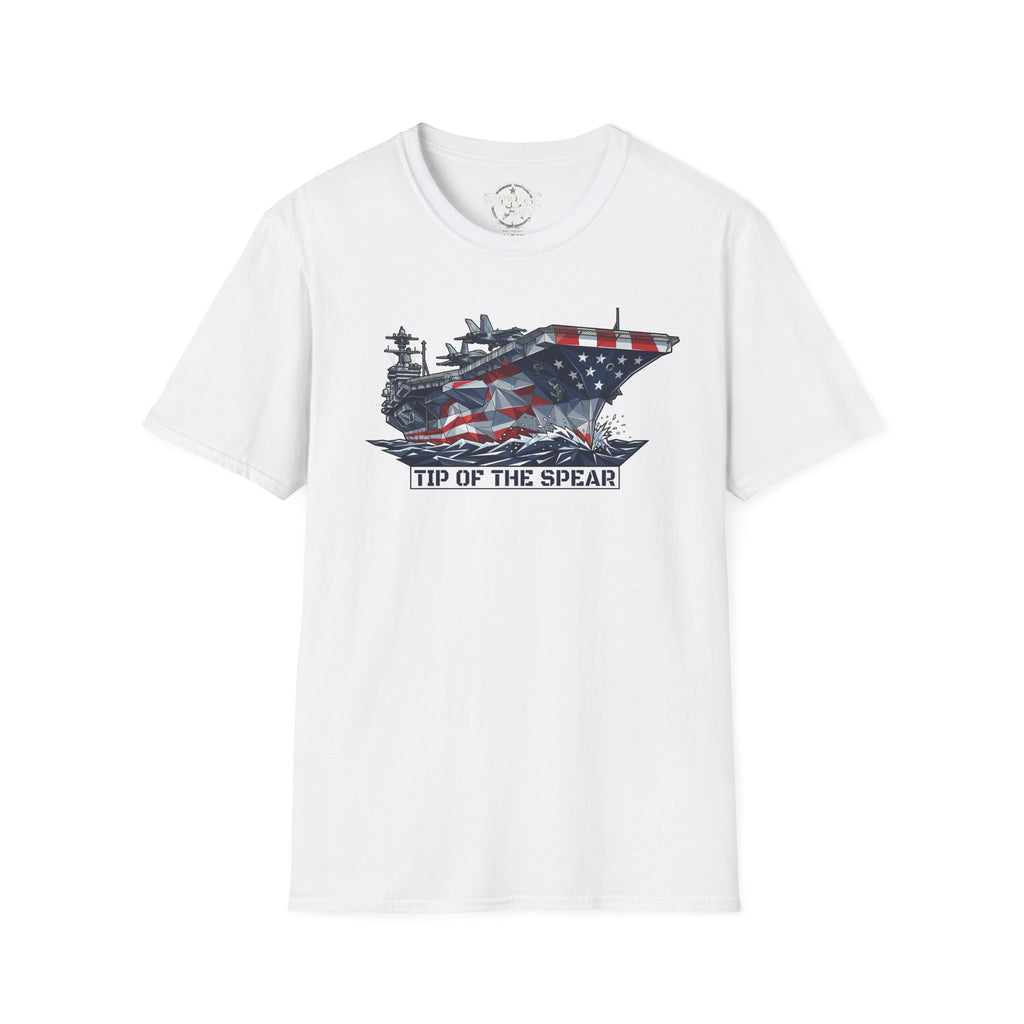 White T-Shirt mit „Tip of the Spear“-Grafik: Flugzeugträger mit US-Flagge