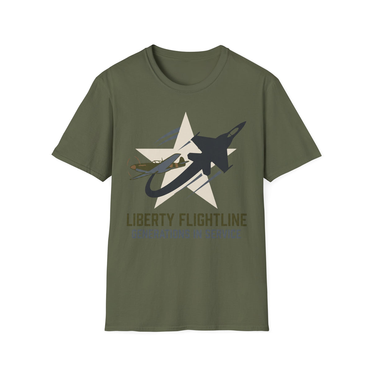 Green crewneck t-shirt with jet graphic and “Liberty Flightline Generations in Service” print