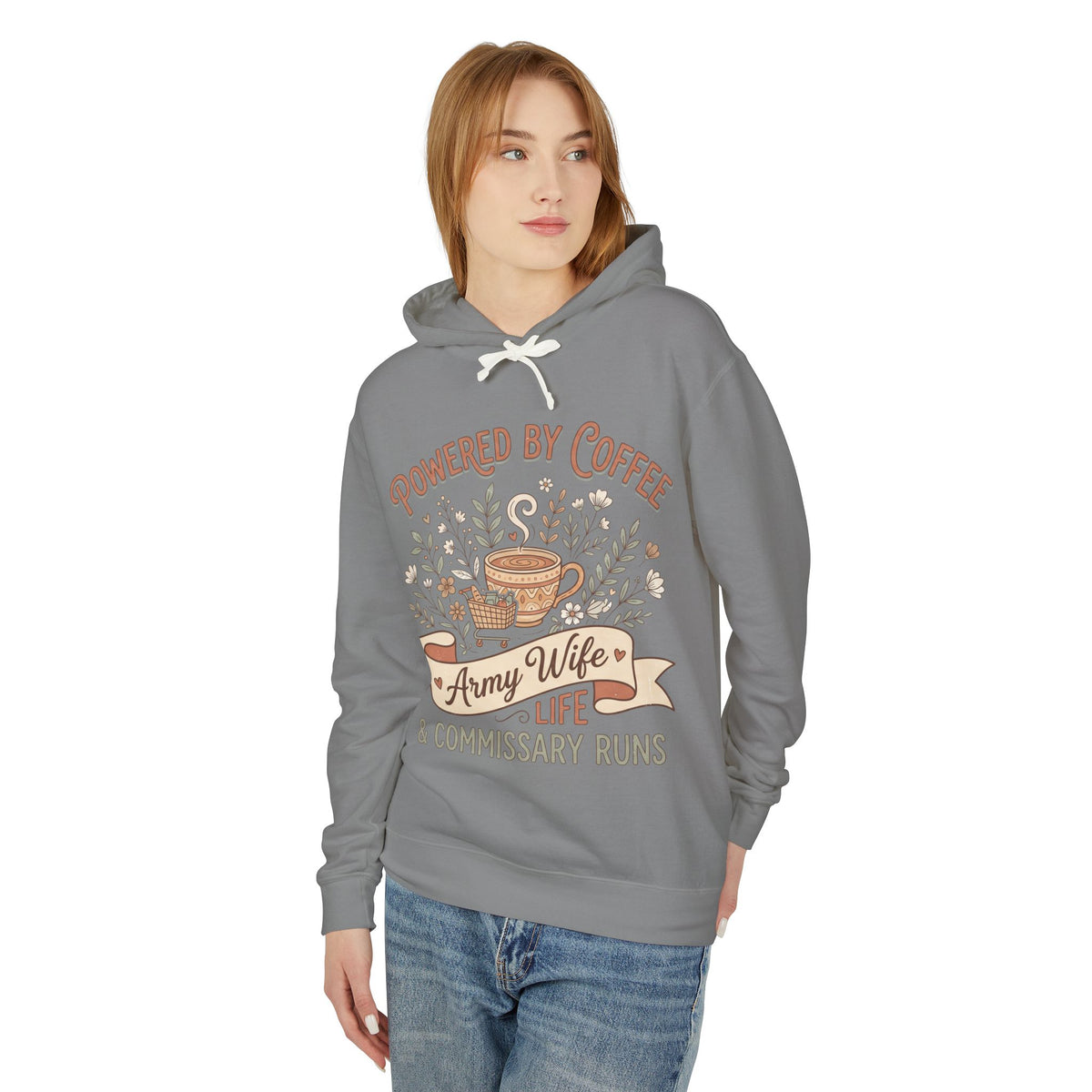 Grey pullover hoodie with hood and coffee-themed chest graphic, front view