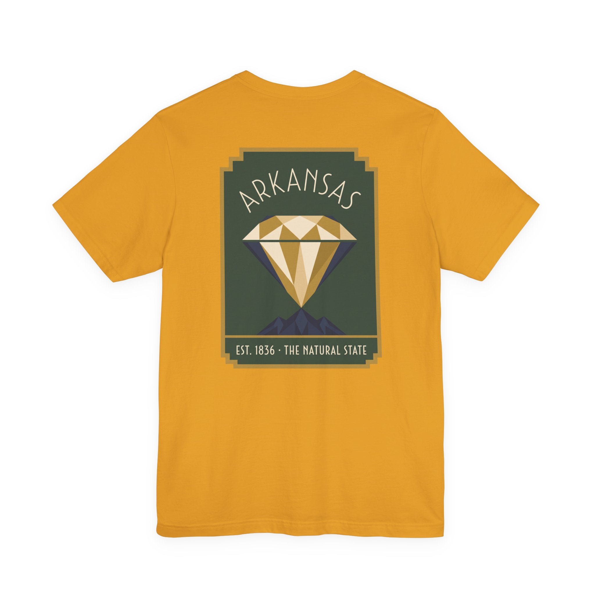 Mustard T-shirt with Arkansas diamond art deco graphic, Est. 1836