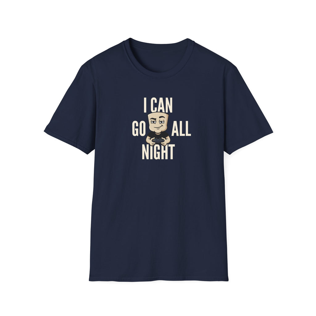 Navy T-shirt with front gamer graphic and “I Can Go All Night” text