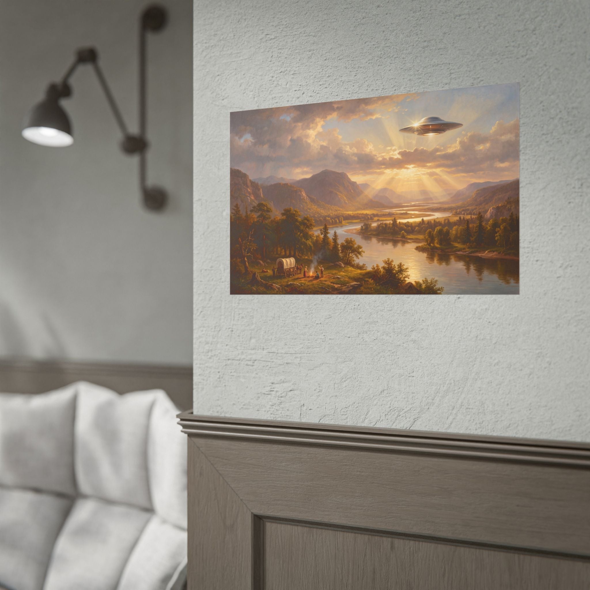 Landscape sunset poster with glowing UFO over river valley, mountains, and trees