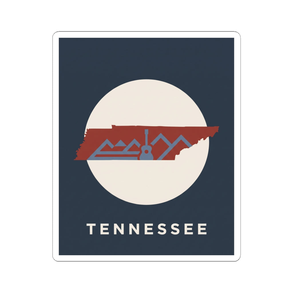 Tennessee outline sticker with red state silhouette, retro mountains, guitar detail, 'Tennessee'