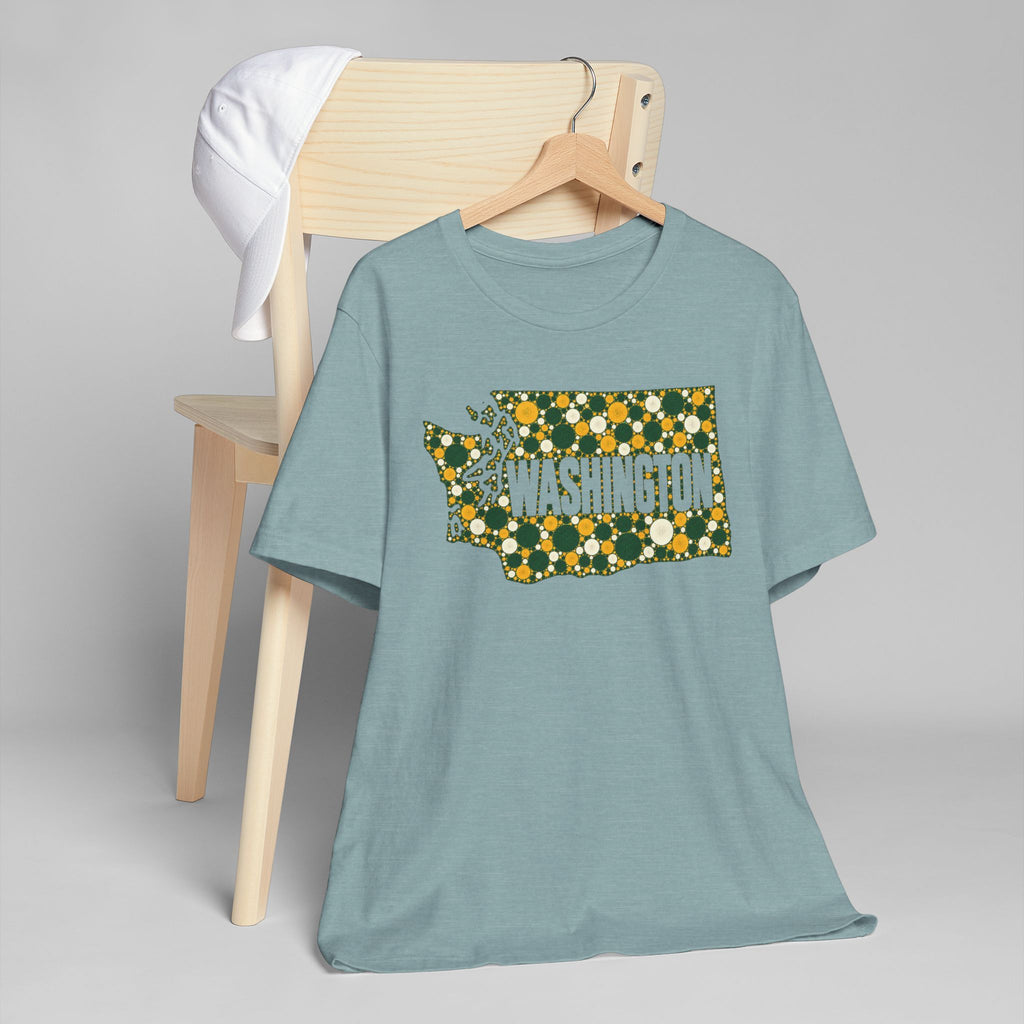 Dusty teal crew-neck T-shirt with gold and green floral Washington outline graphic
