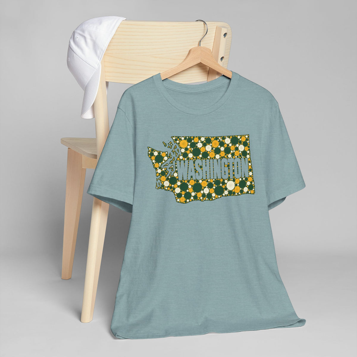 Dusty teal crew-neck T-shirt with gold and green floral Washington outline graphic
