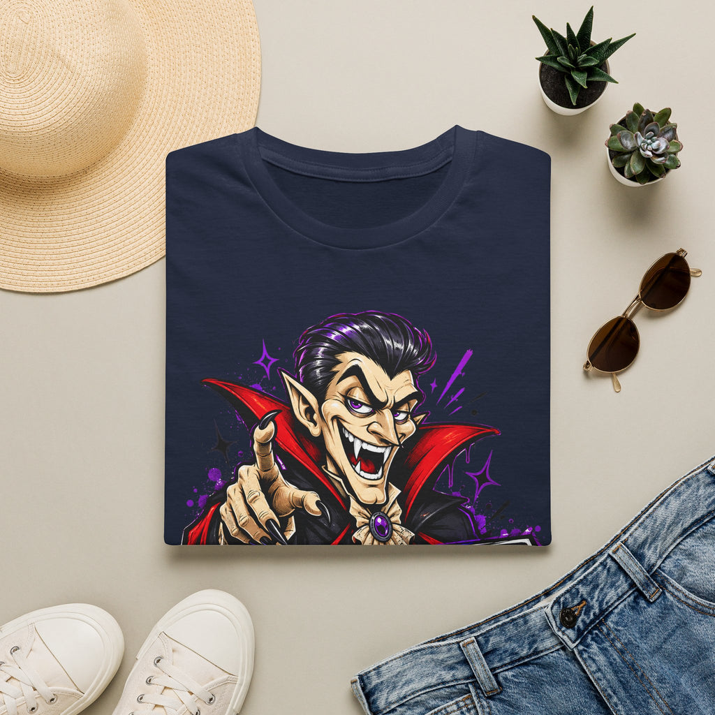 Navy T-shirt with colorful cartoon vampire pointing graphic