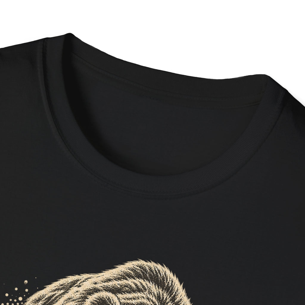 Black T-shirt neckline close-up with partial vintage bear graphic at chest.