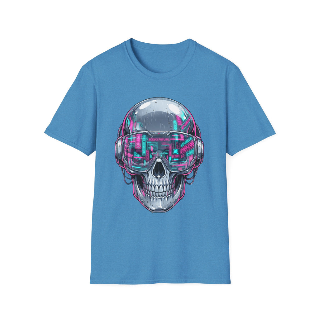 Blue T-shirt with cyberpunk chrome skull wearing neon visor graphic