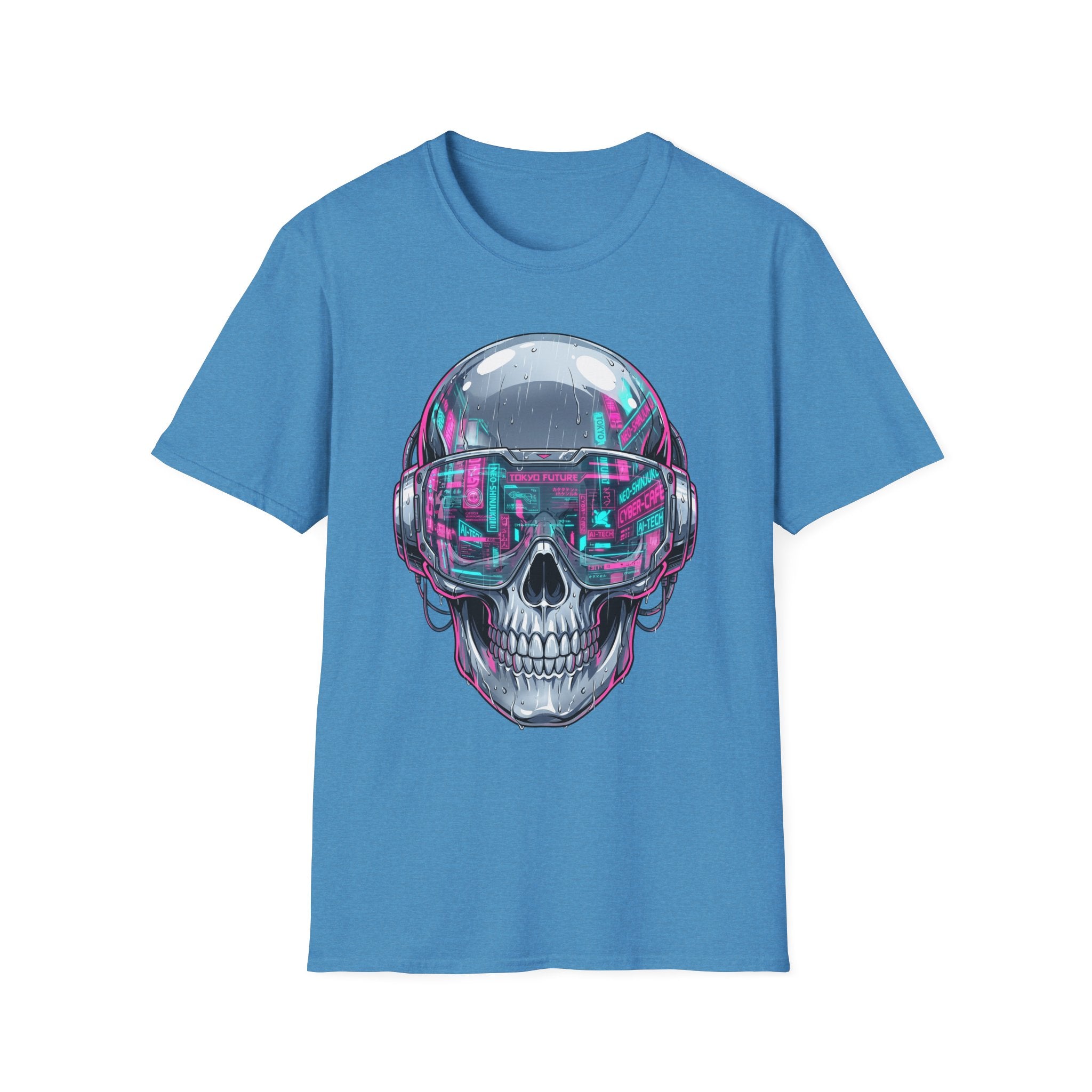 Blue T-shirt with cyberpunk chrome skull wearing neon visor graphic
