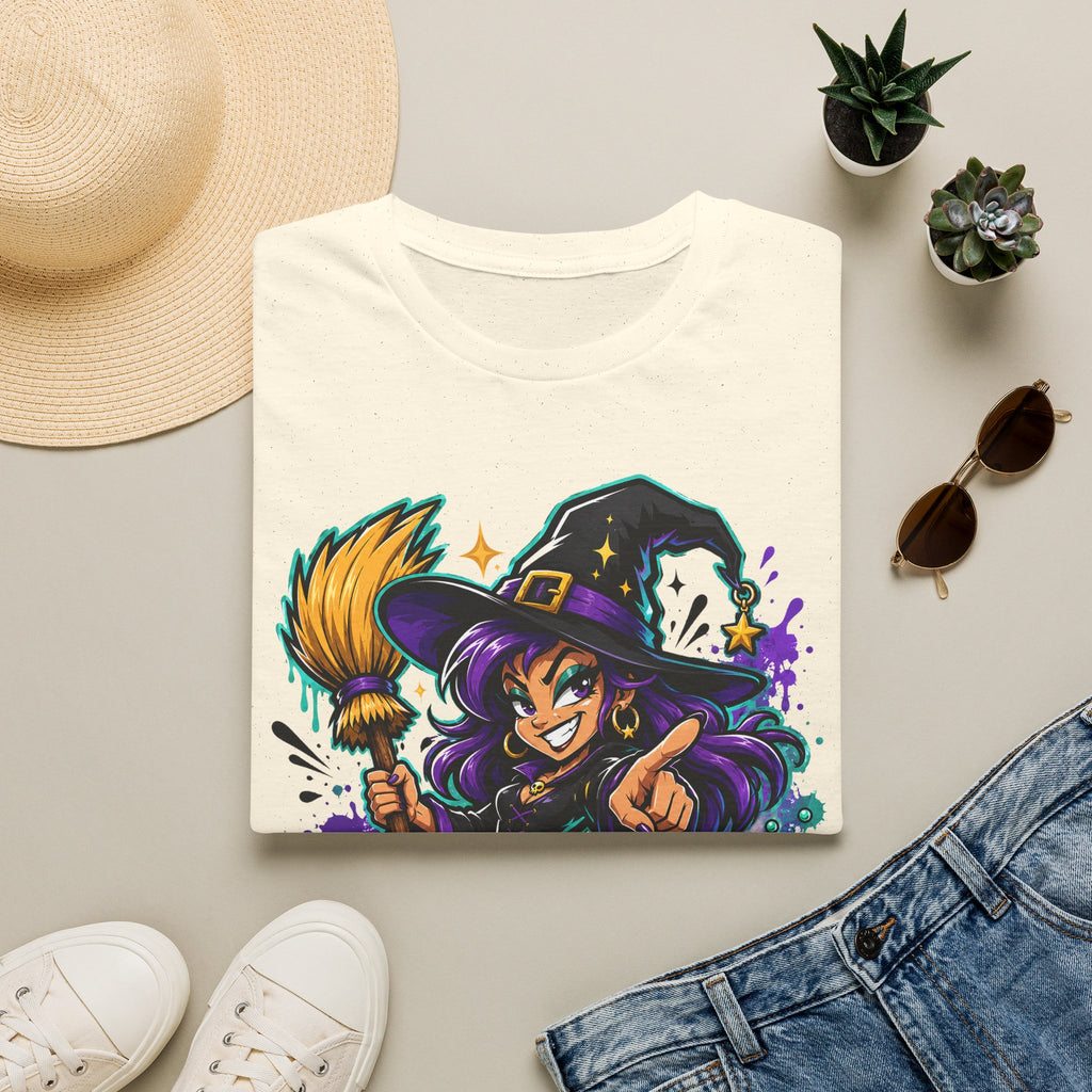 White T-shirt with colorful witch graphic holding a broom, Halloween candy theme
