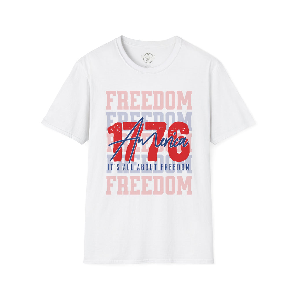 White Freedom USA graphic T-shirt with red/blue 'America' print