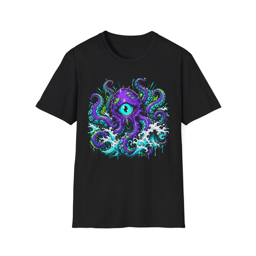 Black crew-neck T-shirt featuring a purple cyclops octopus graphic