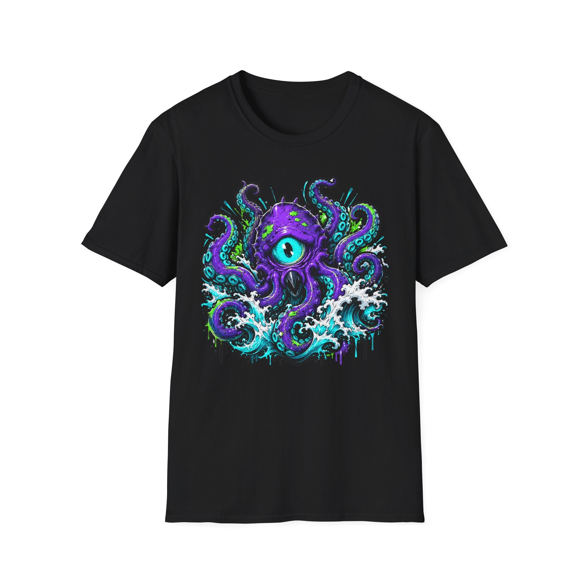 Black crew-neck T-shirt featuring a purple cyclops octopus graphic