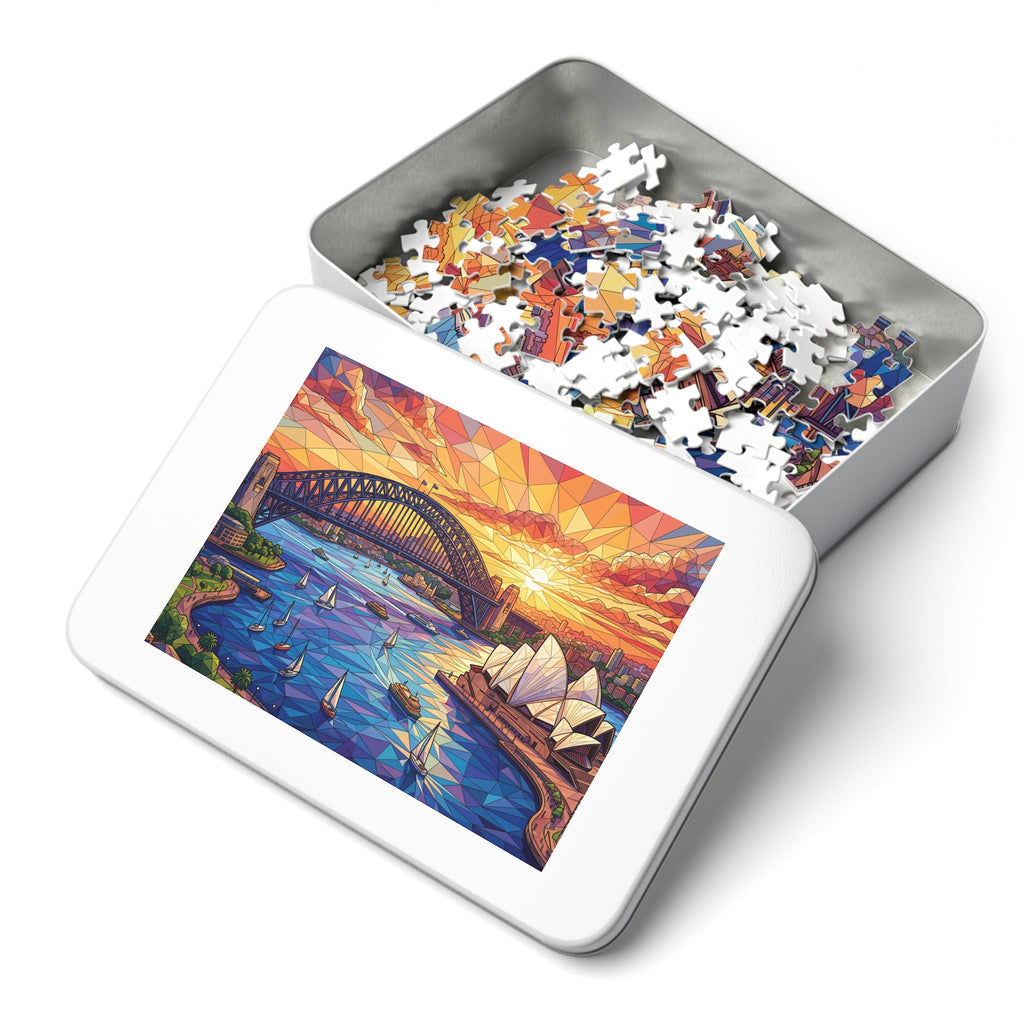 Sydney Harbour jigsaw puzzle in hinged tin, featuring bridge, opera house, and sailboats