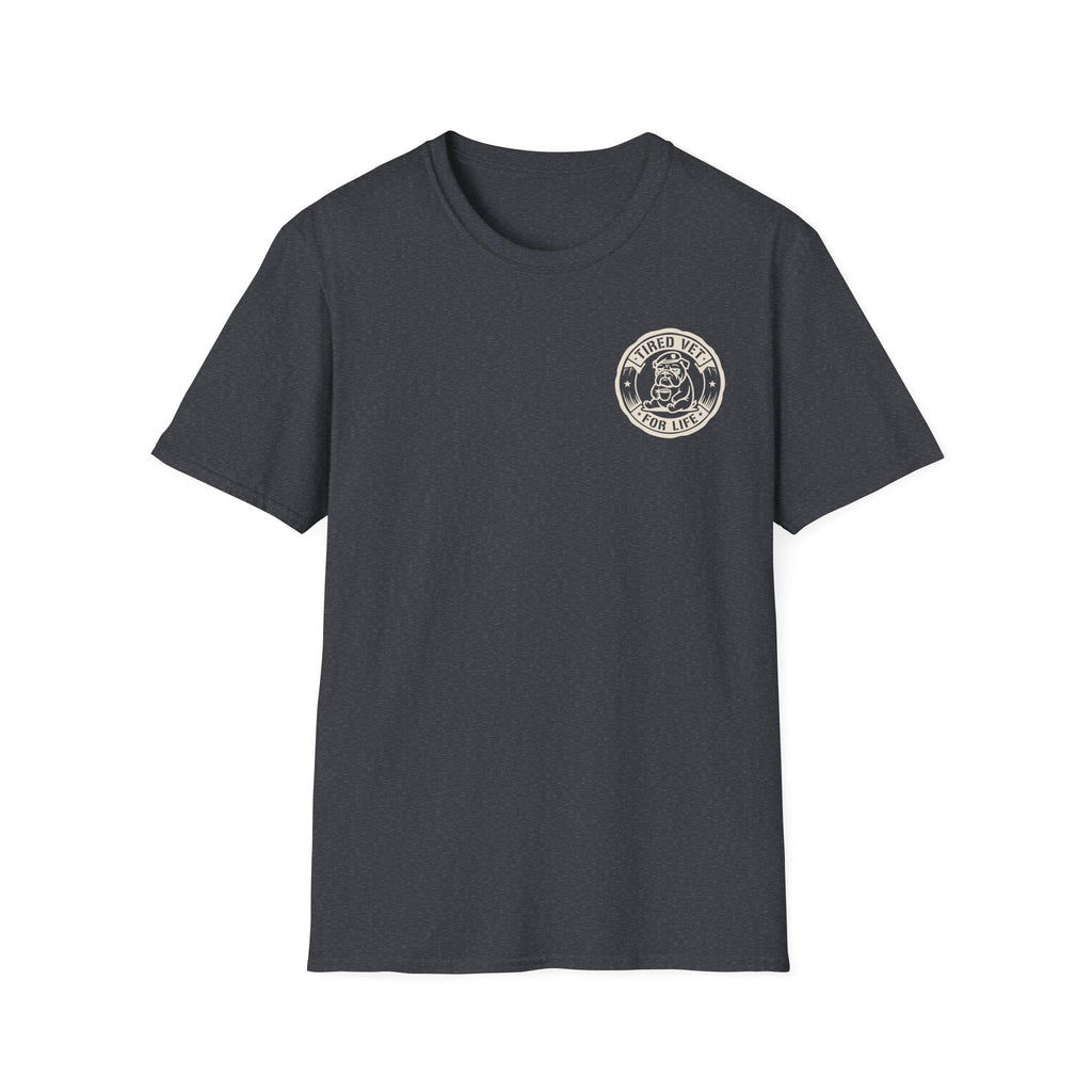 Dark heather gray unisex T-shirt with circular chest emblem, crew neck