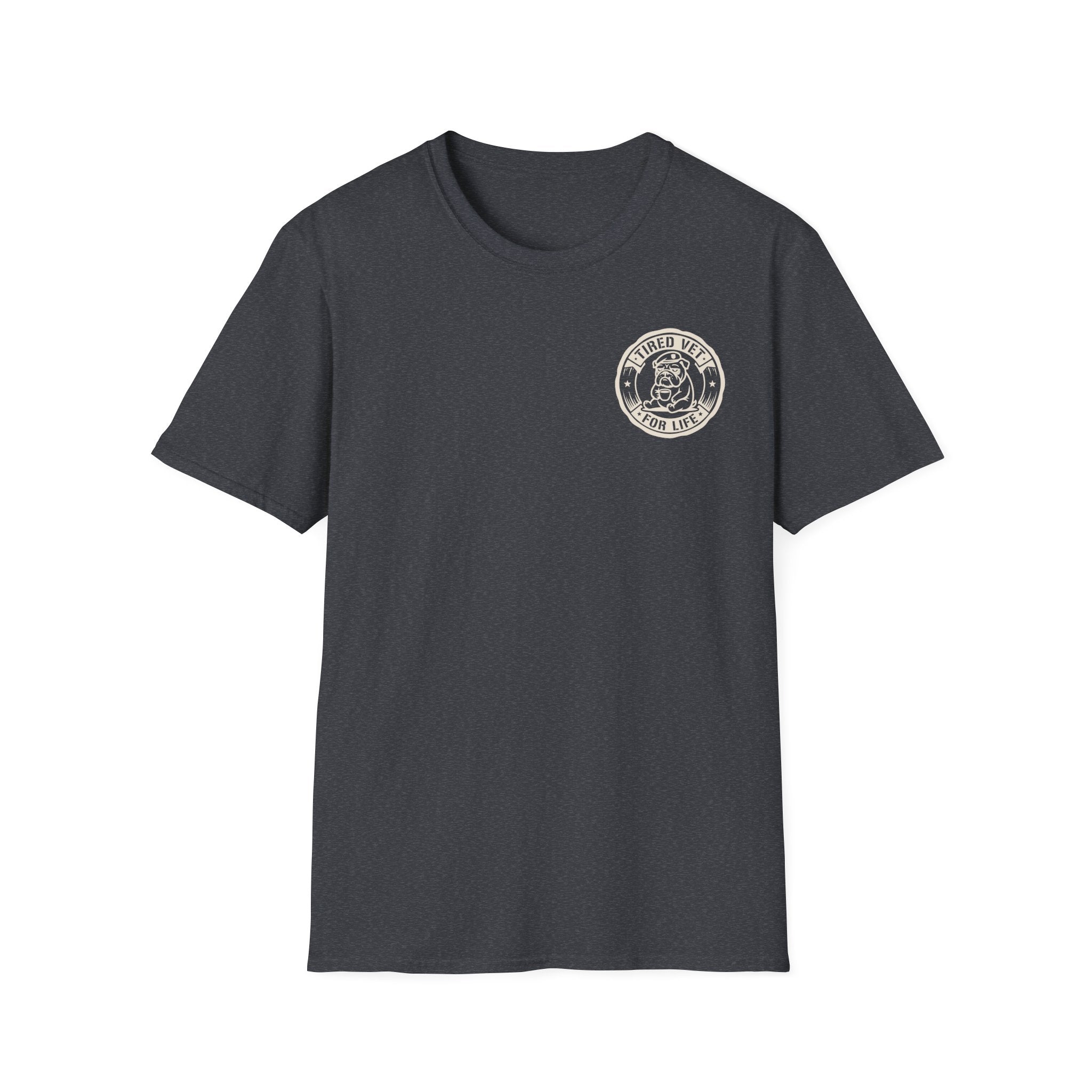 Dark heather gray unisex T-shirt with circular chest emblem, crew neck