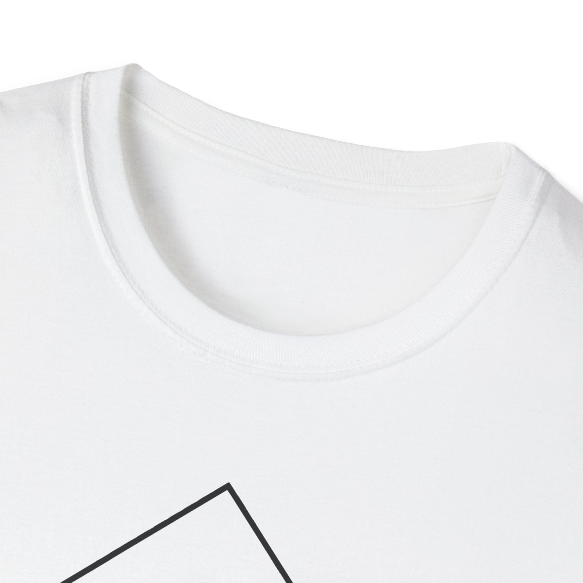White T-shirt close-up of crew neck and top of mountain badge graphic