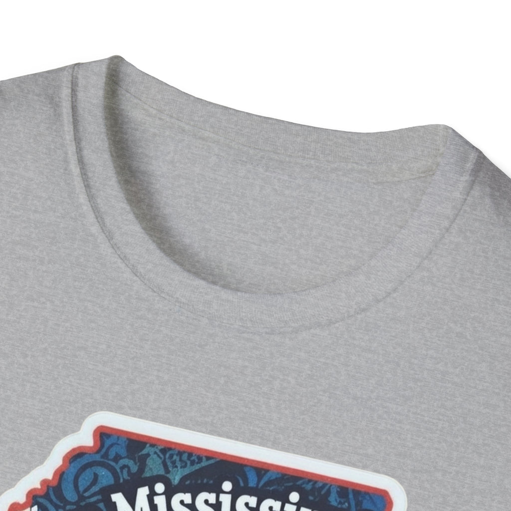 Heather gray T-shirt neckline with partial Mississippi state graphic