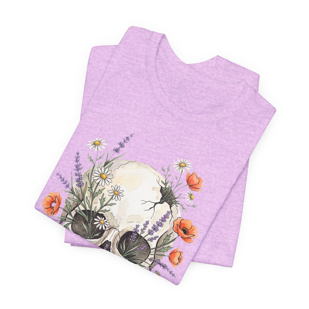 Floral skull T-shirt in mauve heather, folded back with poppy and daisy design
