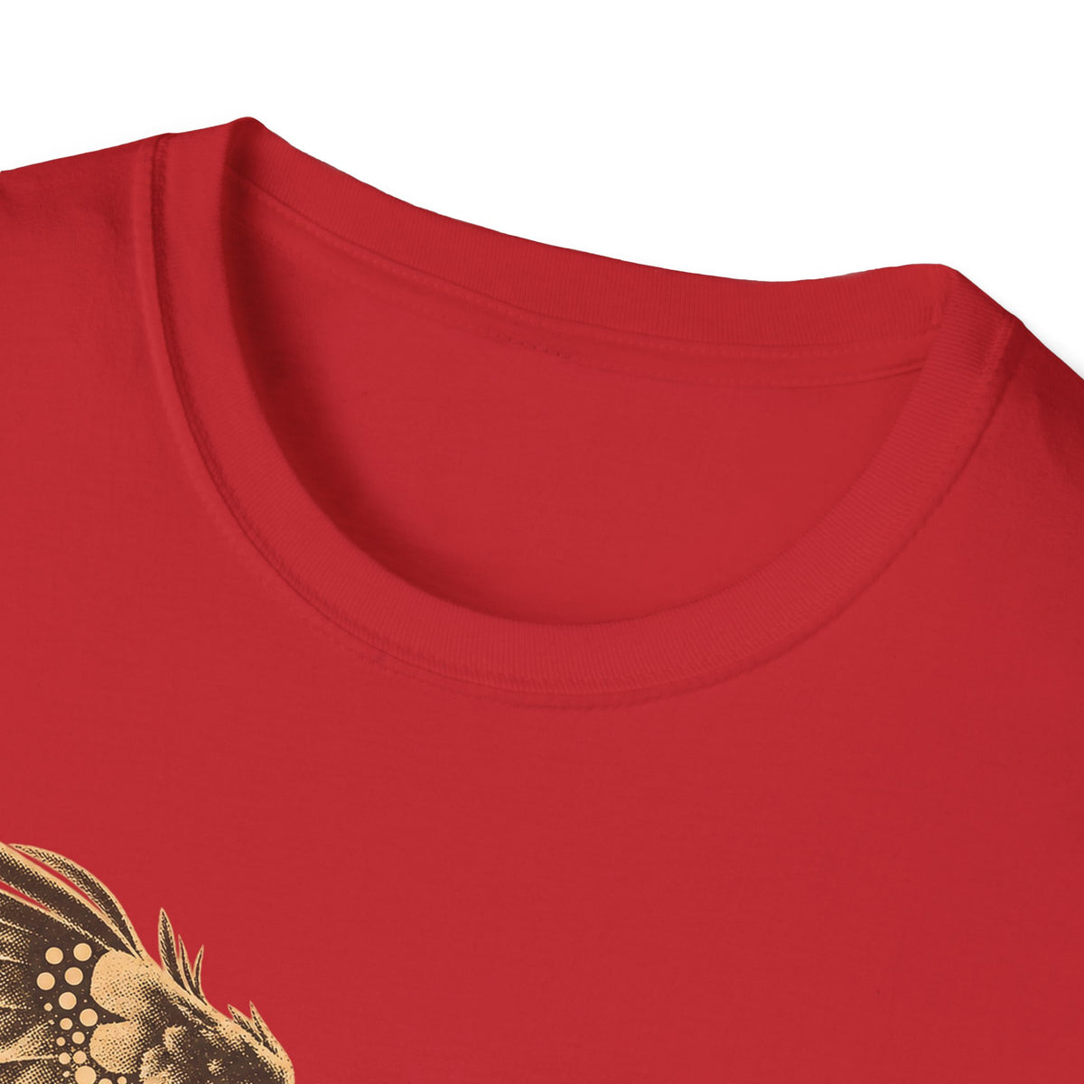 Red crew-neck T-shirt neckline close-up.