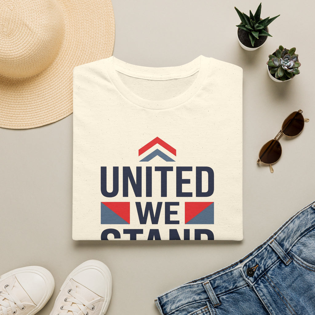 White short-sleeve crewneck T-shirt with 'United We Stand' graphic