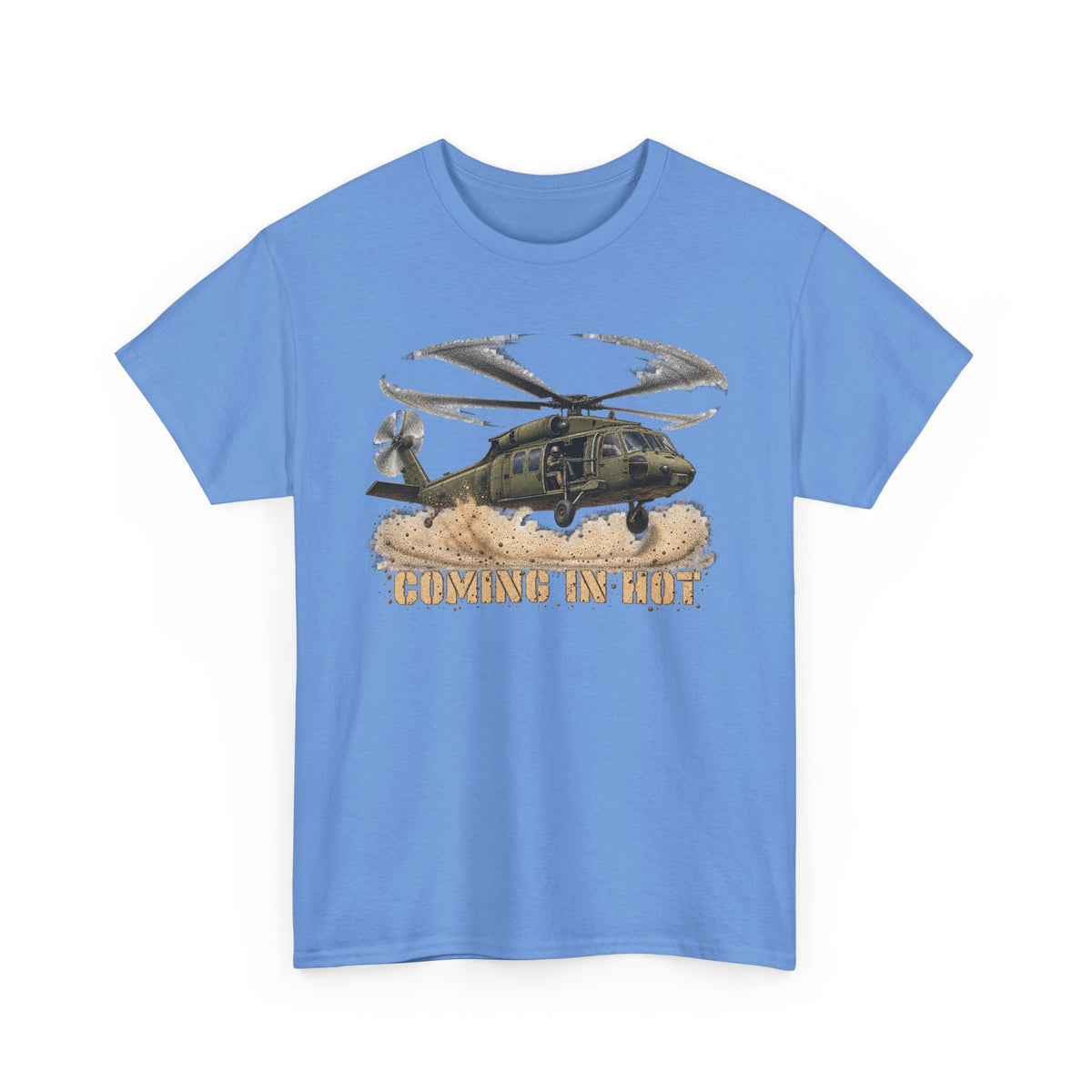 Light blue crewneck T-shirt with helicopter graphic print