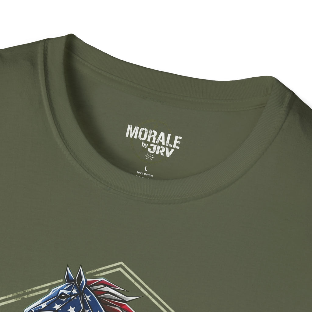 Military green T-shirt neck logo with partial patriotic horse graphic