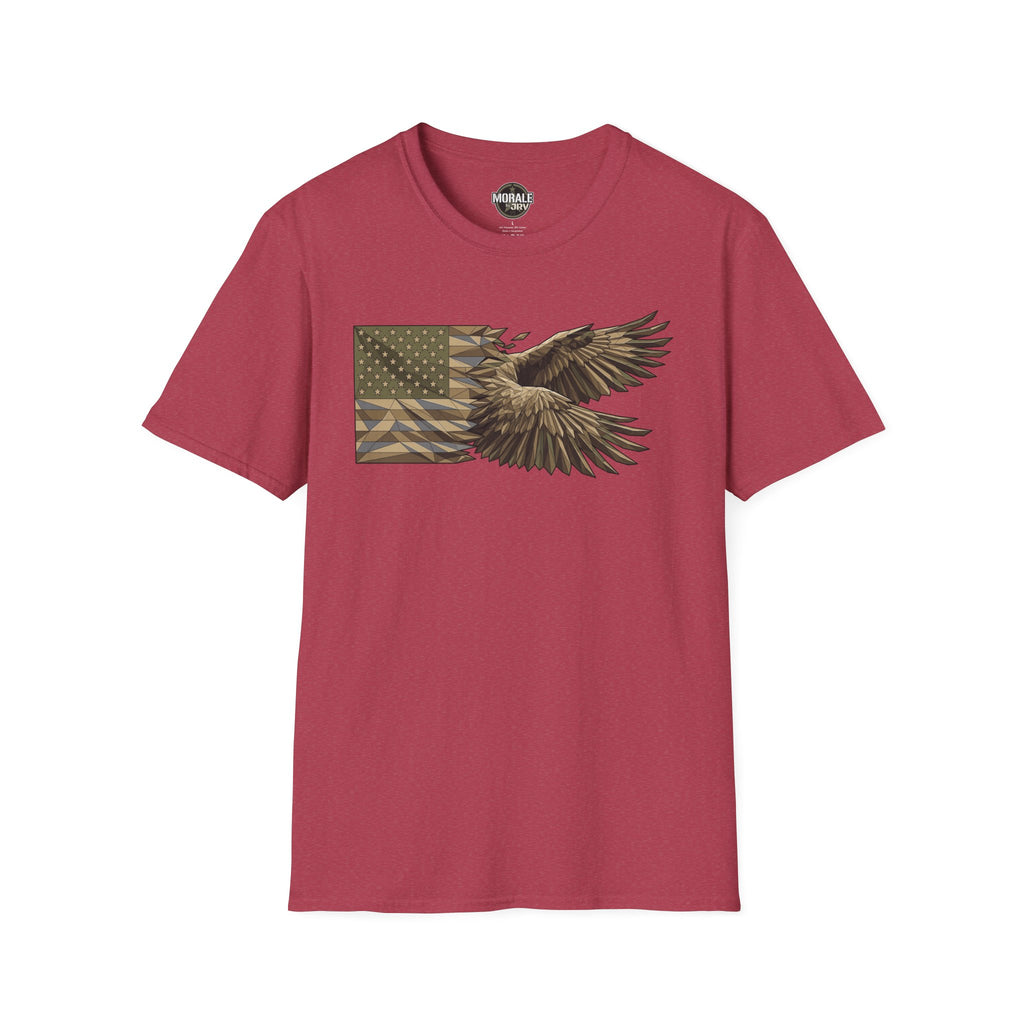Patriotic camouflage T-shirt in burgundy with soaring bald eagle and American flag graphic