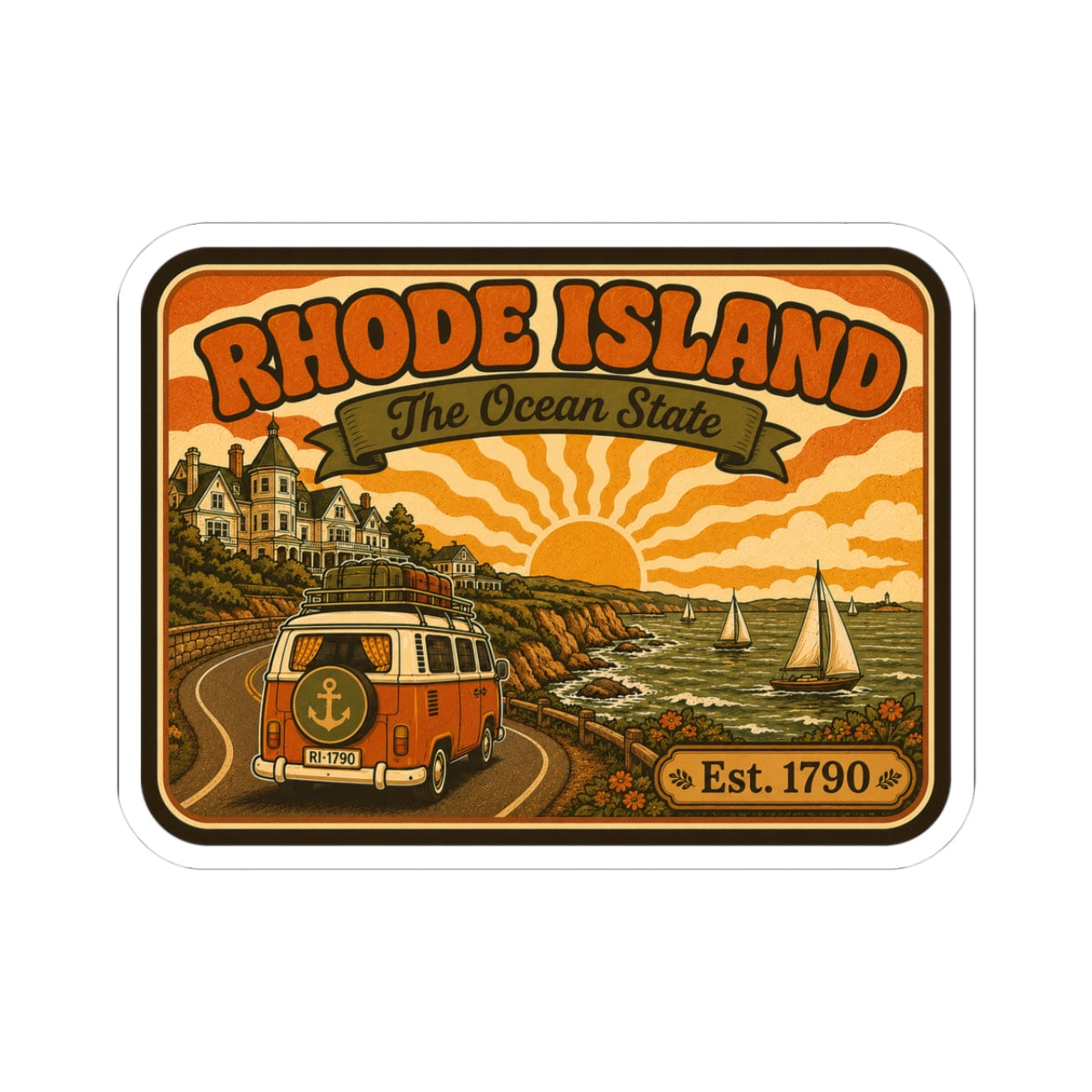 Rhode Island sticker with camper van at coast sunset, Est. 1790, rounded white border
