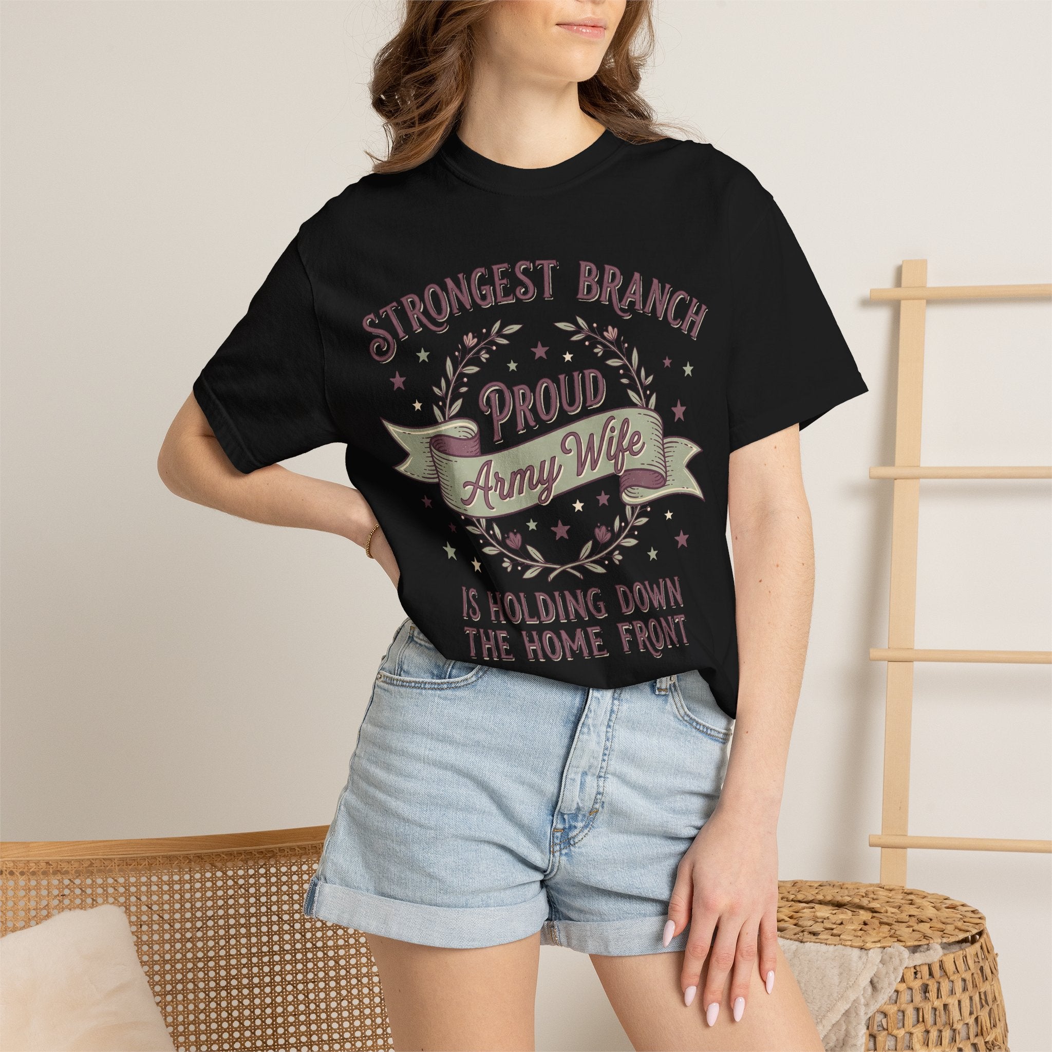 Black T-shirt with circular Army Wife graphic and patriotic slogan