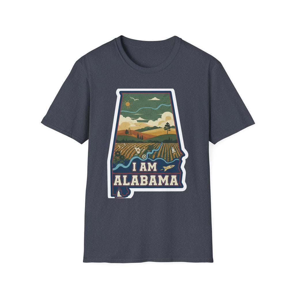I Am Alabama T-shirt, navy/blue crew tee with “I AM ALABAMA” landscape state design