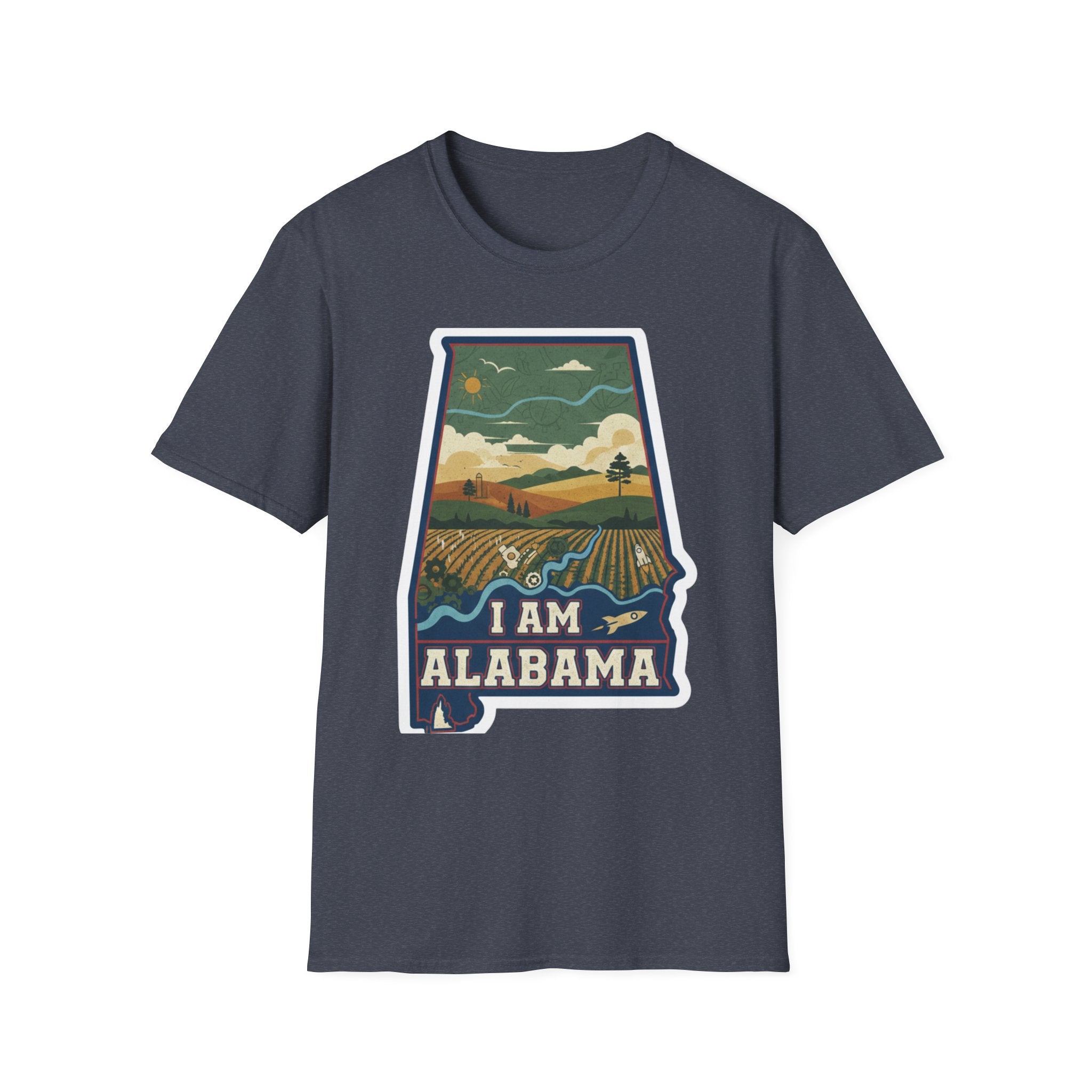 I Am Alabama T-shirt, navy/blue crew tee with “I AM ALABAMA” landscape state design