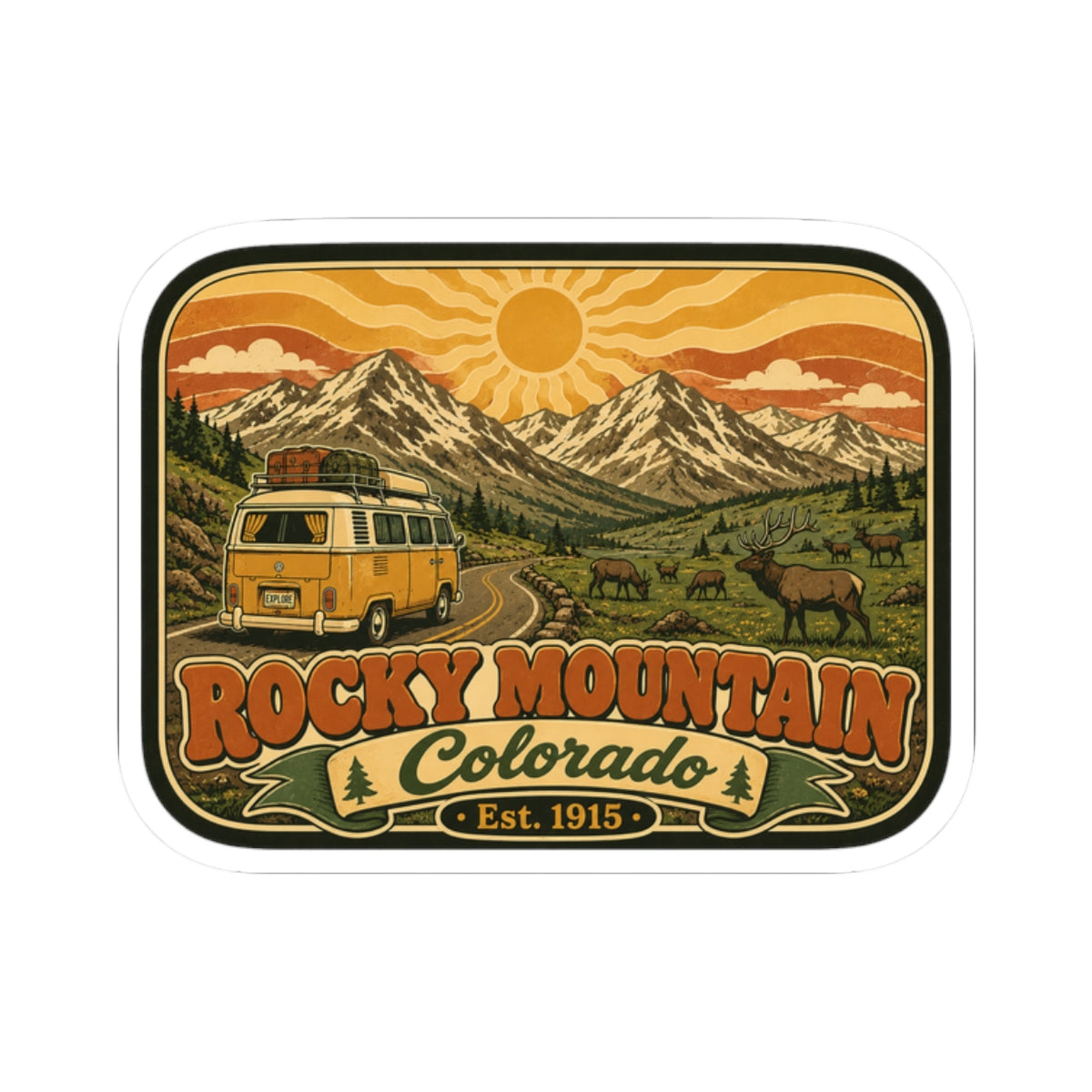 Colorful Rocky Mountain Colorado sticker design with mountains, sun, and a camper van scene.
