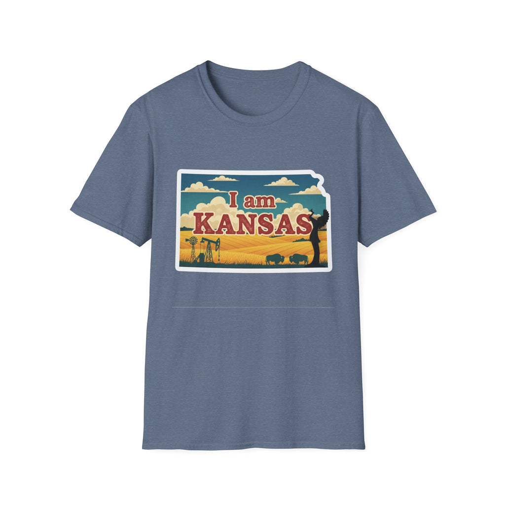 Slate blue Kansas T-shirt with 'I am KANSAS' graphic featuring prairie and bison