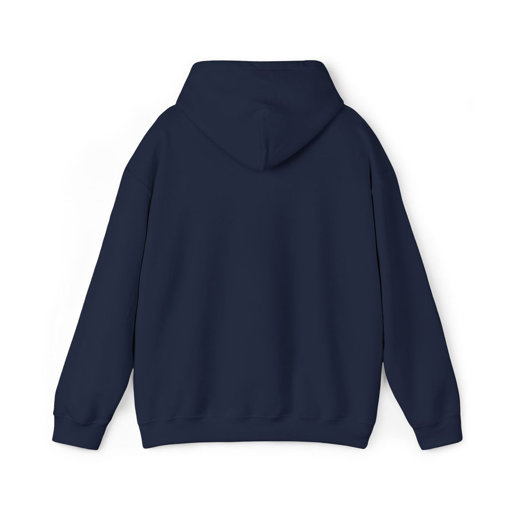Navy pullover hoodie with attached hood and long sleeves