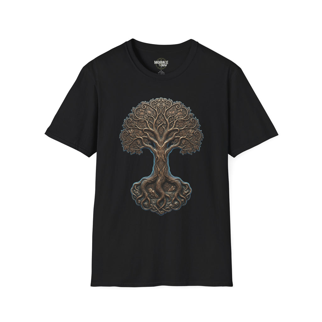 Black T-shirt with Celtic Tree of Life knotwork oak graphic on front
