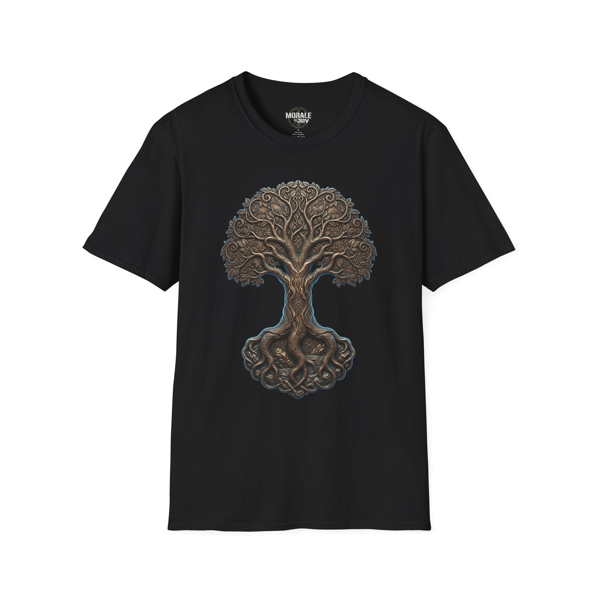 Black T-shirt with Celtic Tree of Life knotwork oak graphic on front