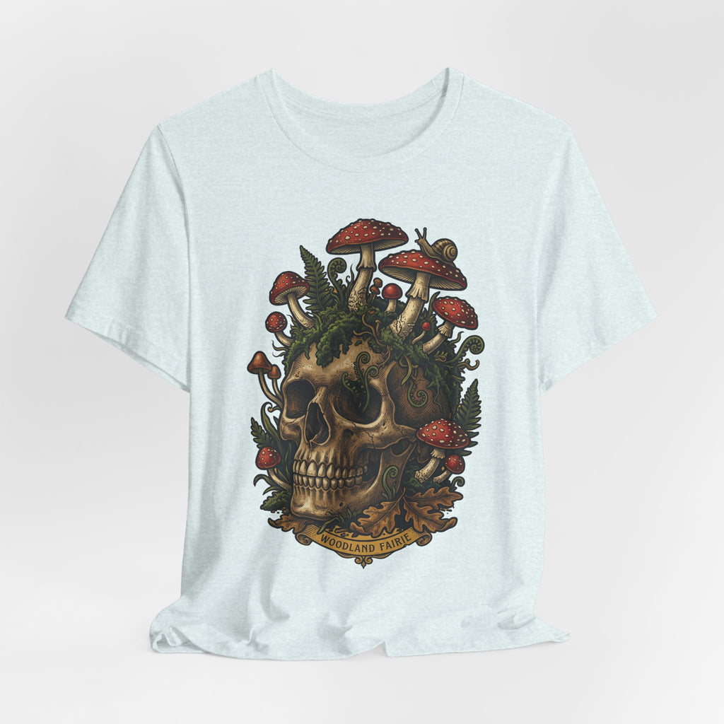 Mushroom skull graphic T-shirt, light heather blue, front view with skull and mushrooms