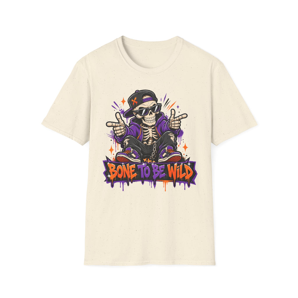 Natural/cream crewneck short-sleeve T-shirt with DJ skeleton skull front graphic