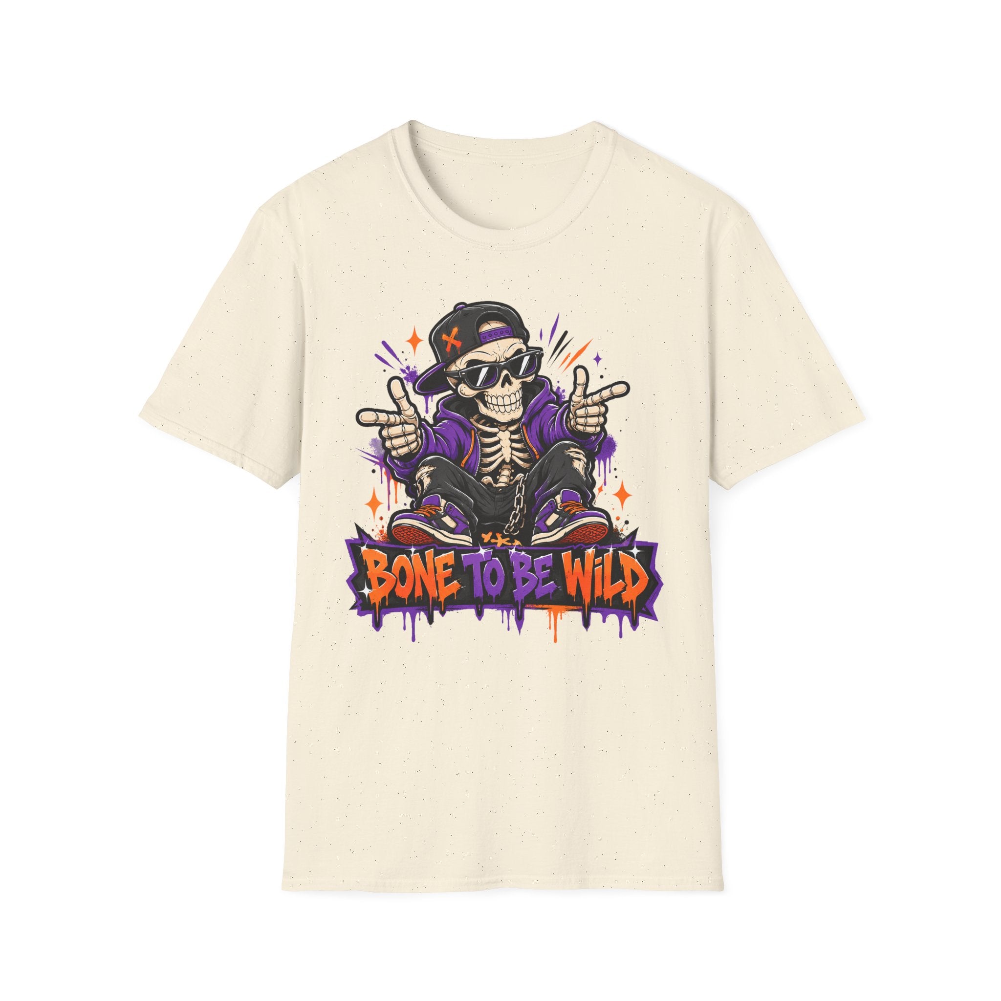 Natural/cream crewneck short-sleeve T-shirt with DJ skeleton skull front graphic