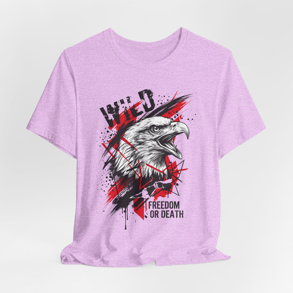 Mauve crew-neck t-shirt with white eagle head, red splatter, and “Freedom or Death”.