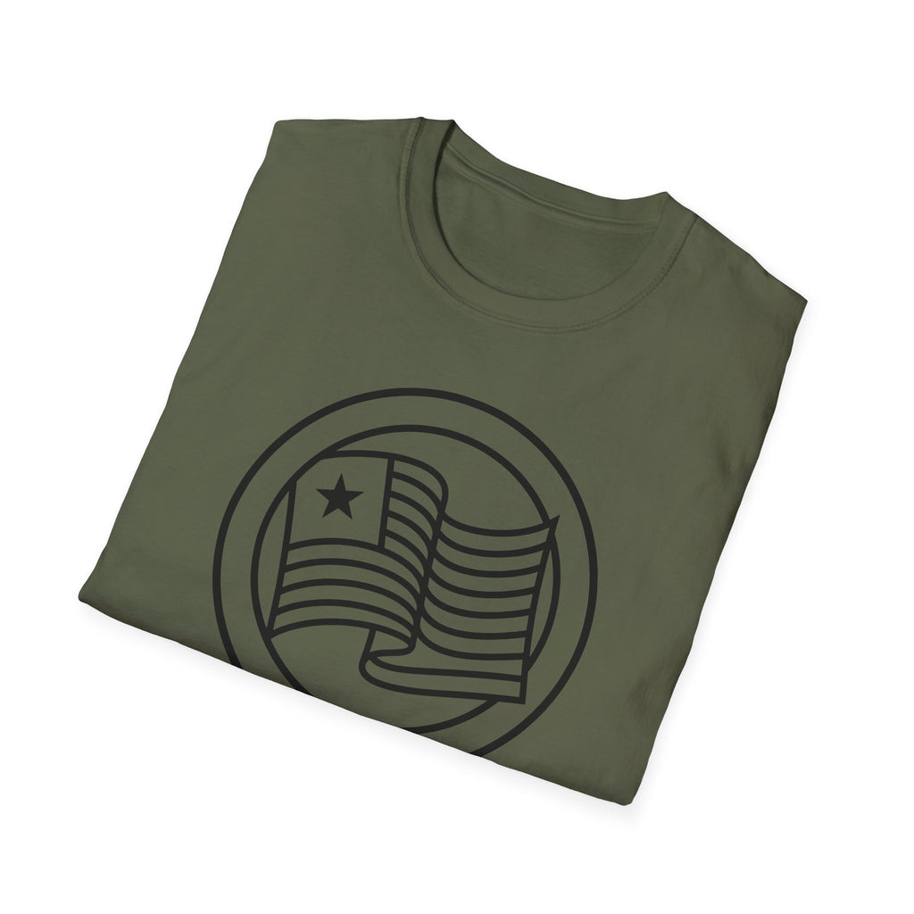 Olive green crewneck T-shirt with black circular graphic showing star and striped flag