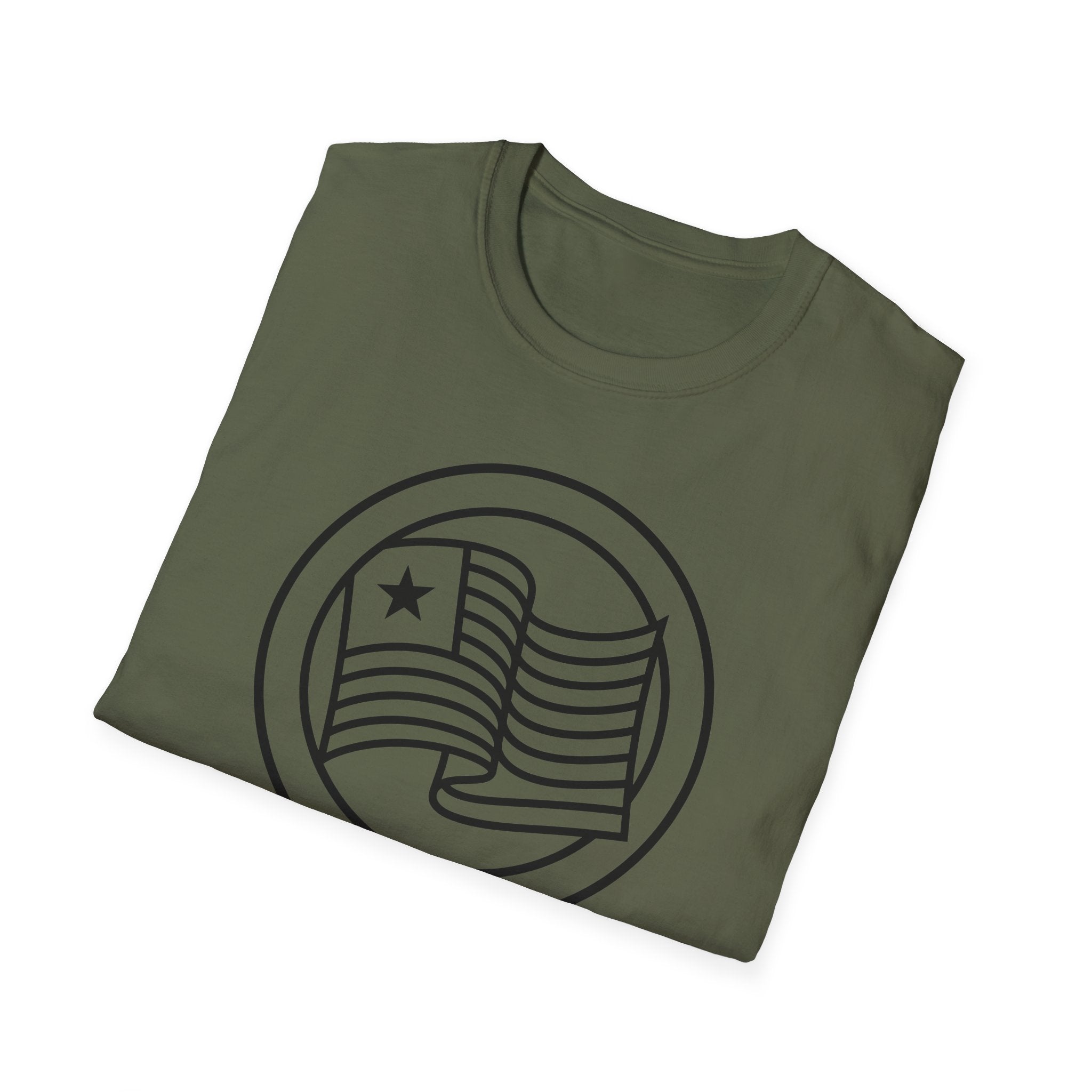 Olive green crewneck T-shirt with black circular graphic showing star and striped flag