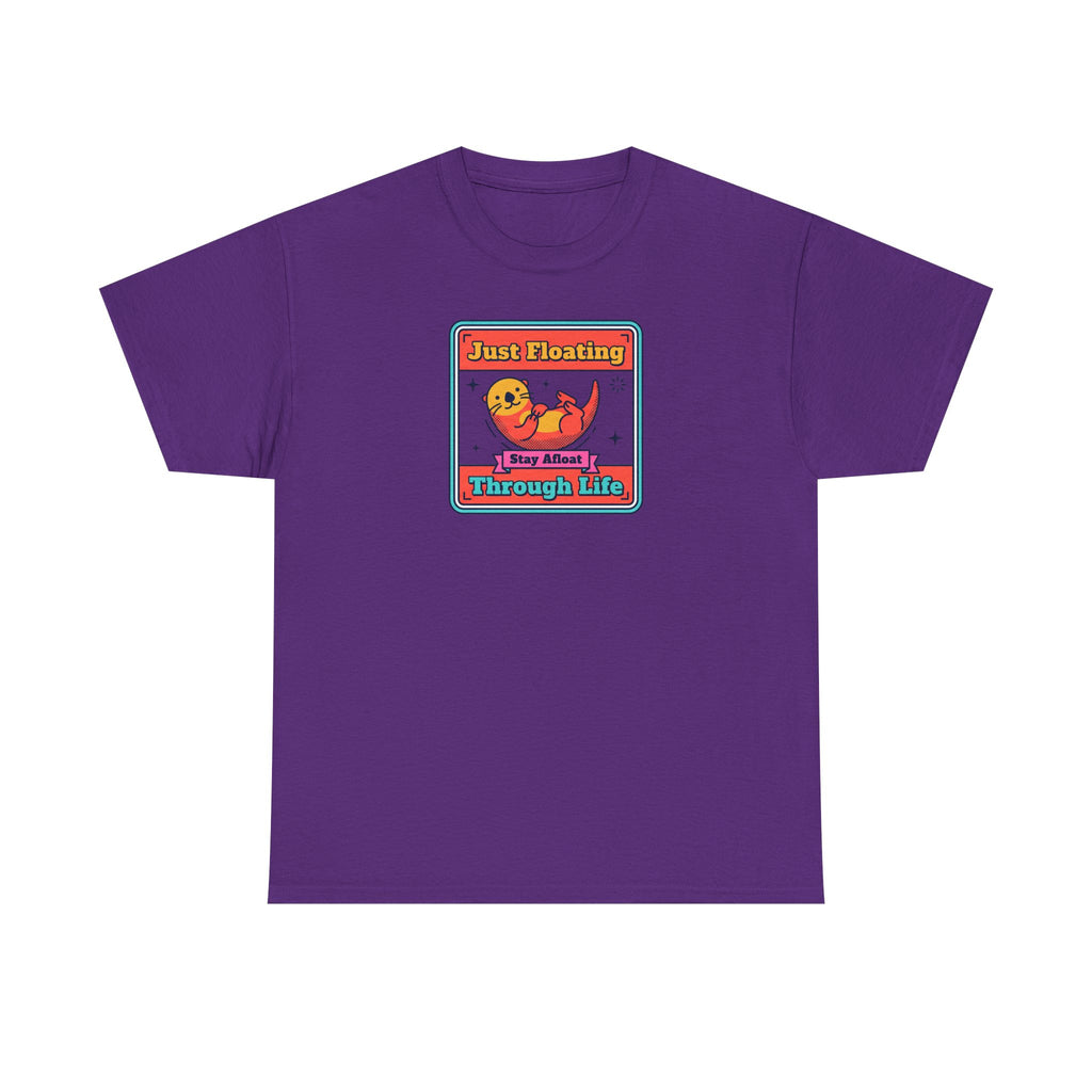 Purple crewneck T-shirt with framed otter graphic and text on chest