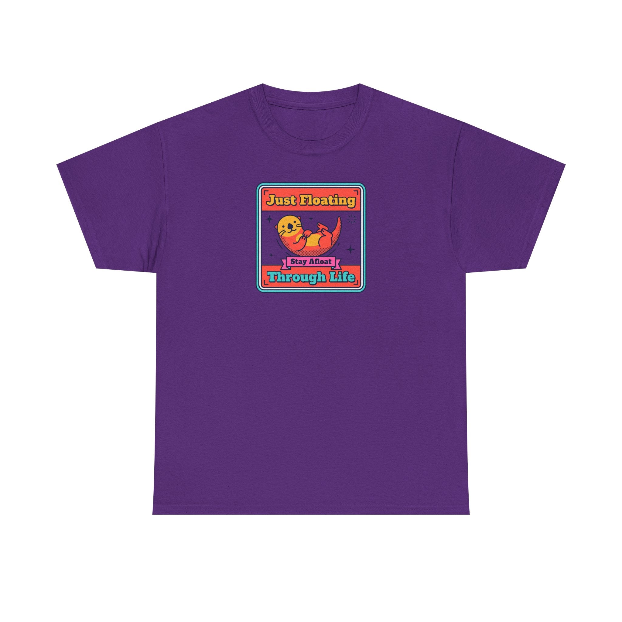 Purple crewneck T-shirt with framed otter graphic and text on chest